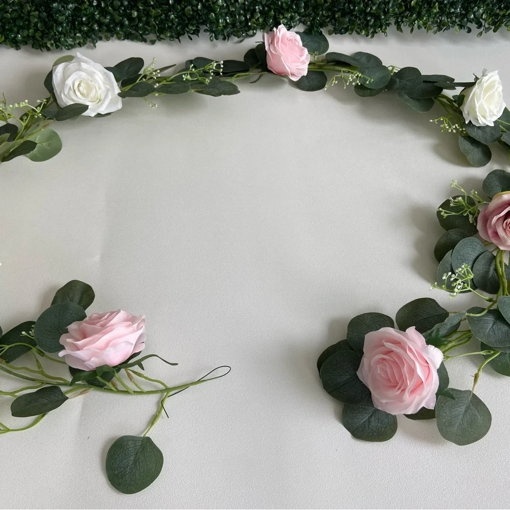 2 count Pink and White Rose Eucalyptus Seeded Flower Buds Garlands 6 feet